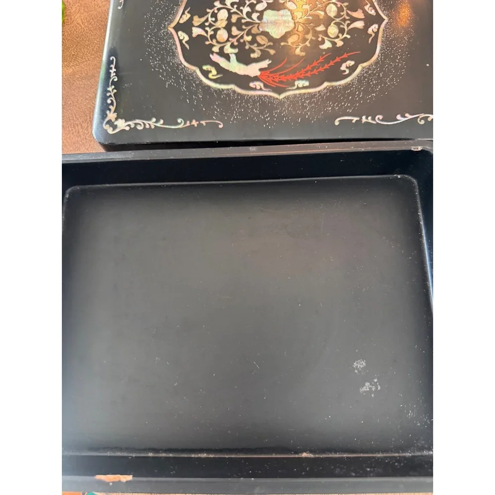 Korean Black Lacquer Box Mother of Pearl Inlay Phoenix Floral Hanji Najeonchilgi